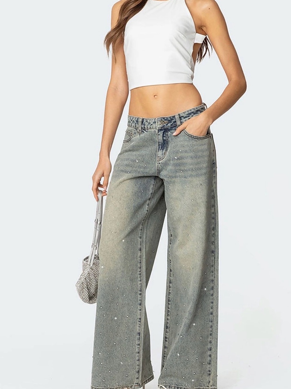 Edikted Rhinestone Low Rise Washed Jeans
